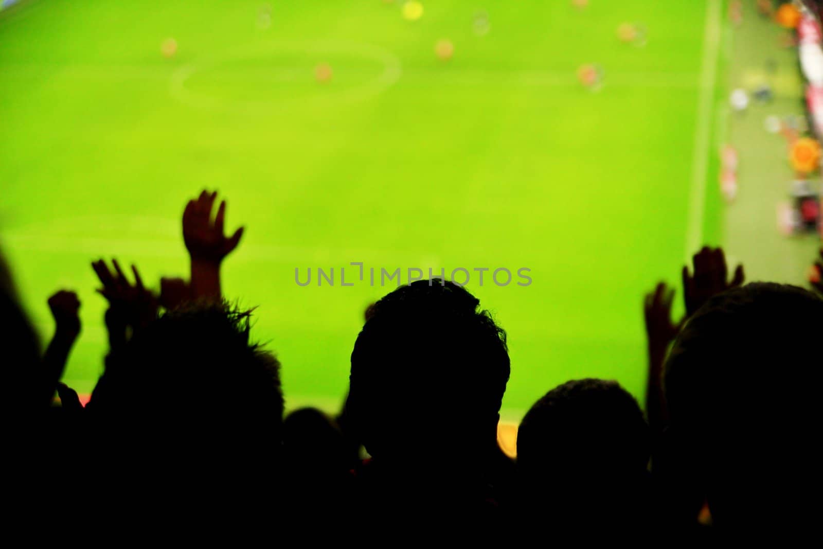 Silhouettes of fans celebrating a goal on football match