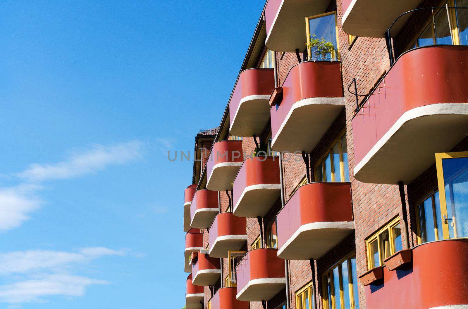 Building architecture with balconies on blue background Oslo, Norway