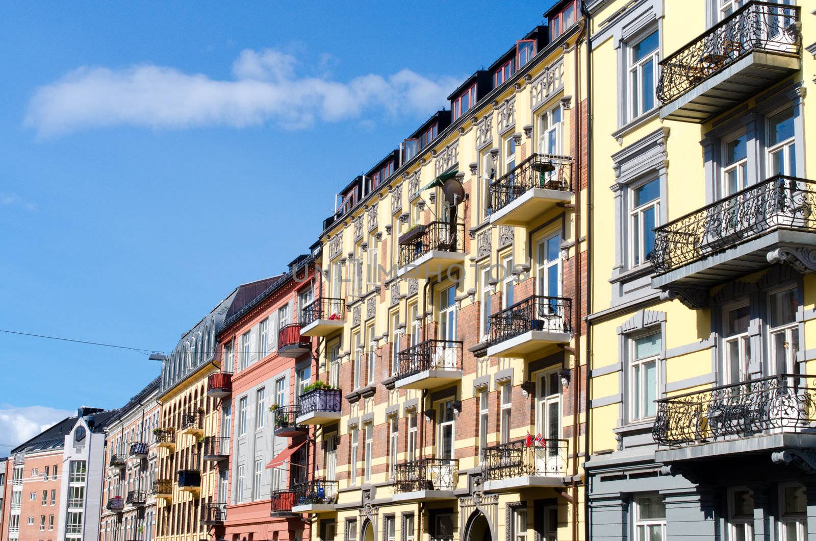 Historical buildings architecture on blue background Oslo, Norway