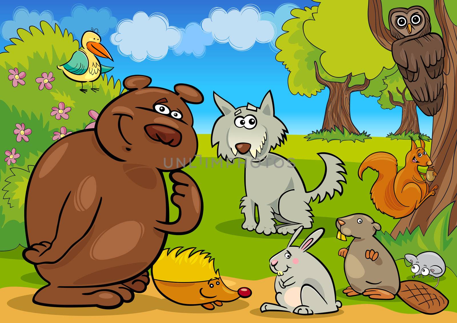 cartoon illustration of funny wild forest animals