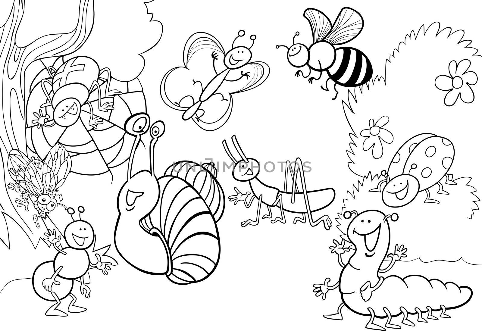 cartoon illustration of funny insects on the meadow for coloring book