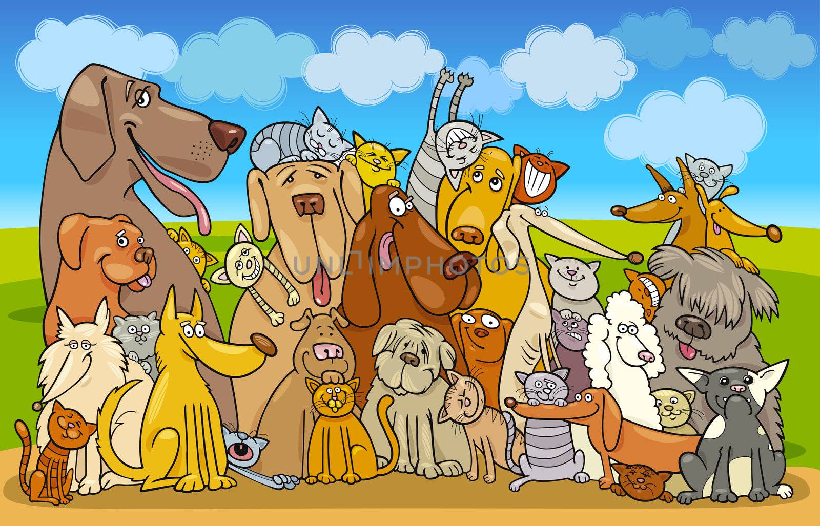 Illustration of group of Cats and Dogs against blue sky