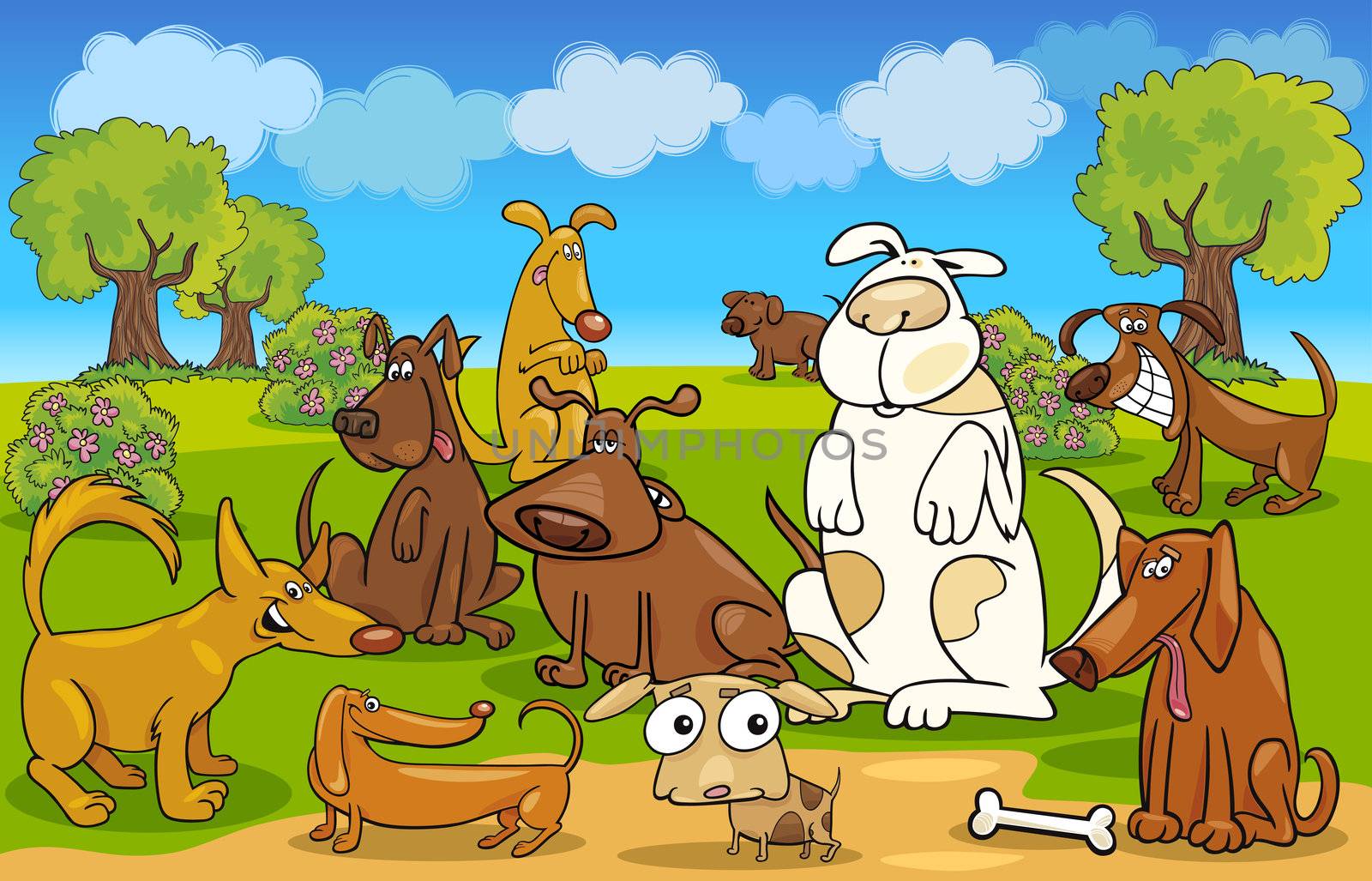 Cartoon Illustration of dogs on the meadow