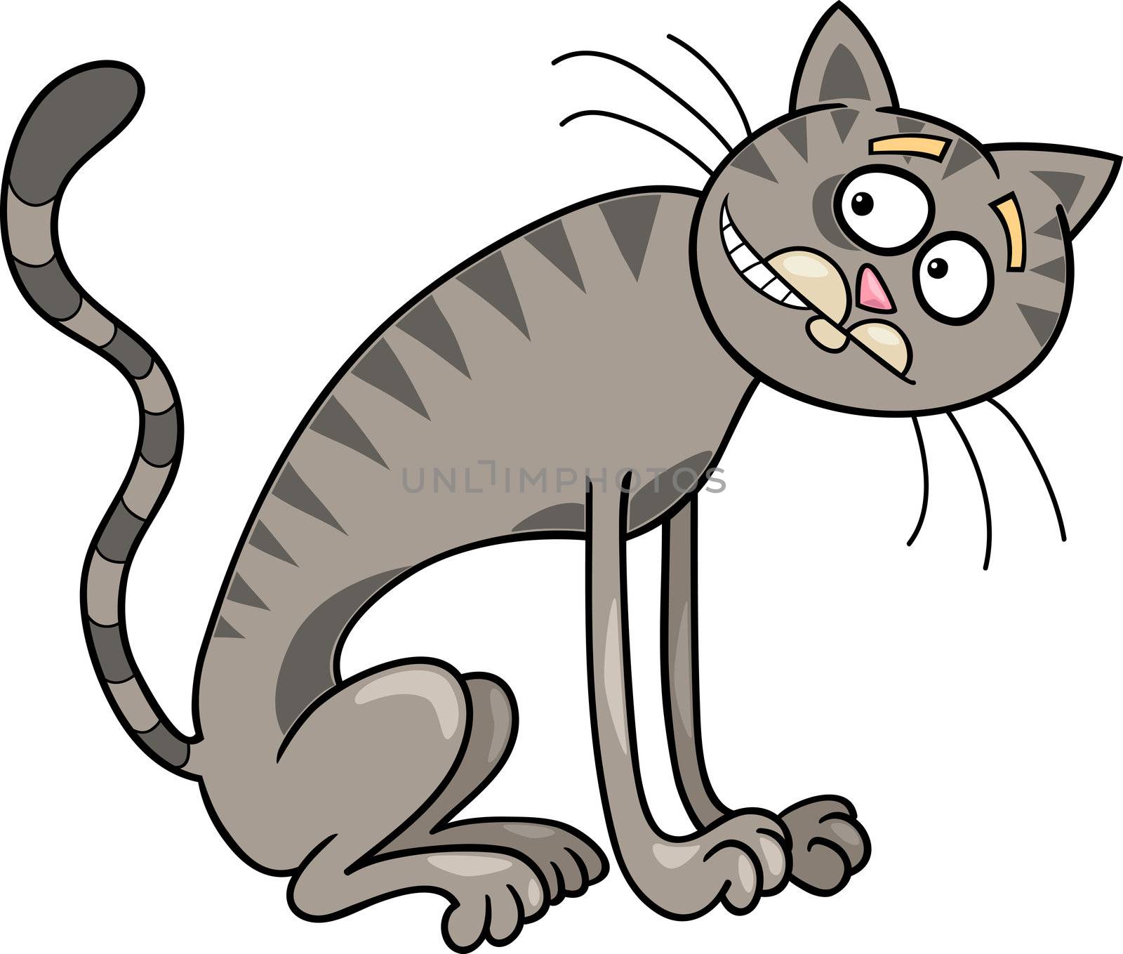 cartoon illustration of thin gray tabby cat