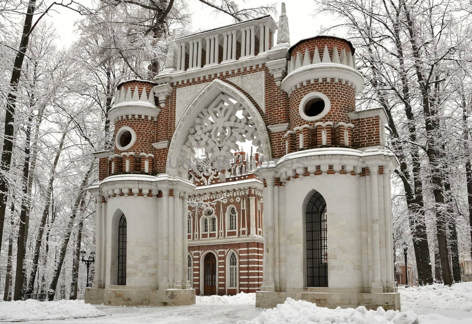 view of the "opera house" through the "grape gate", Tsaritsyno, Moscow, Russia