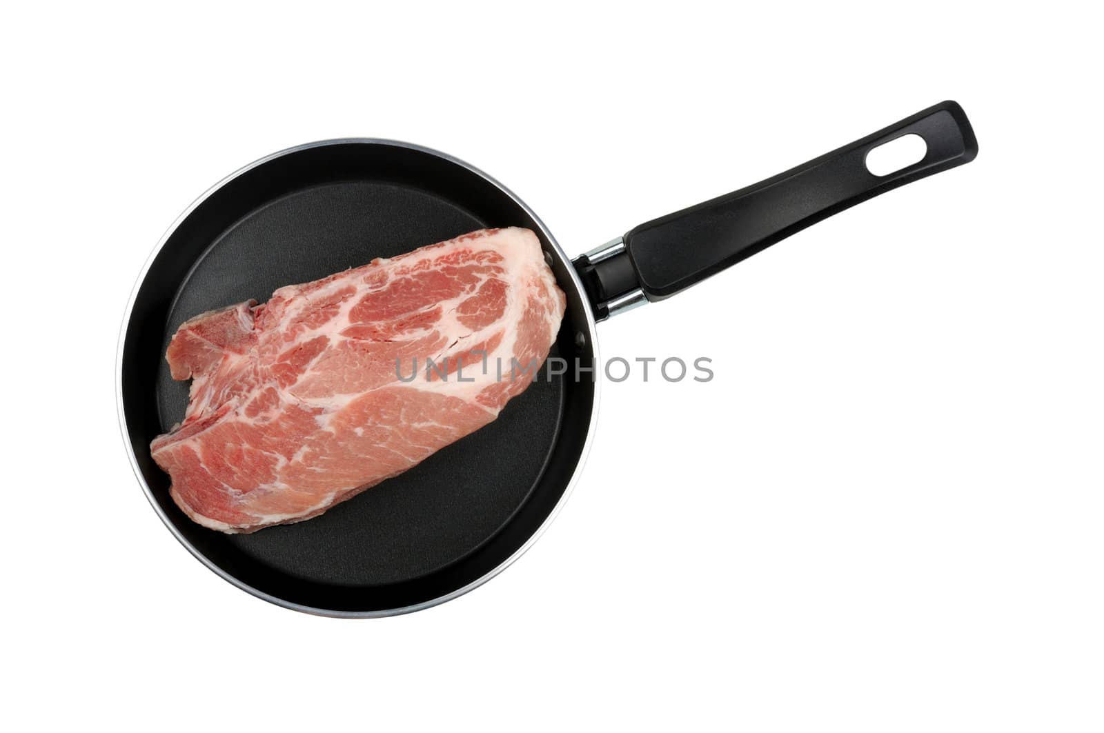 piece of raw meat in a frying pan isolated on white background
