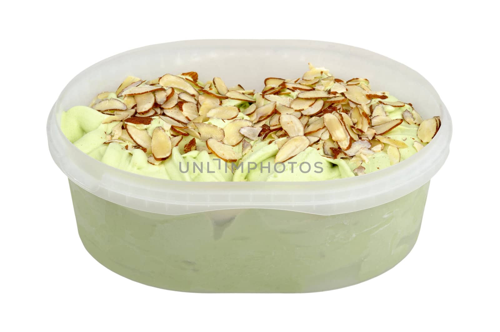 pistachio ice cream with almonds in a plastic cup isolated on white background