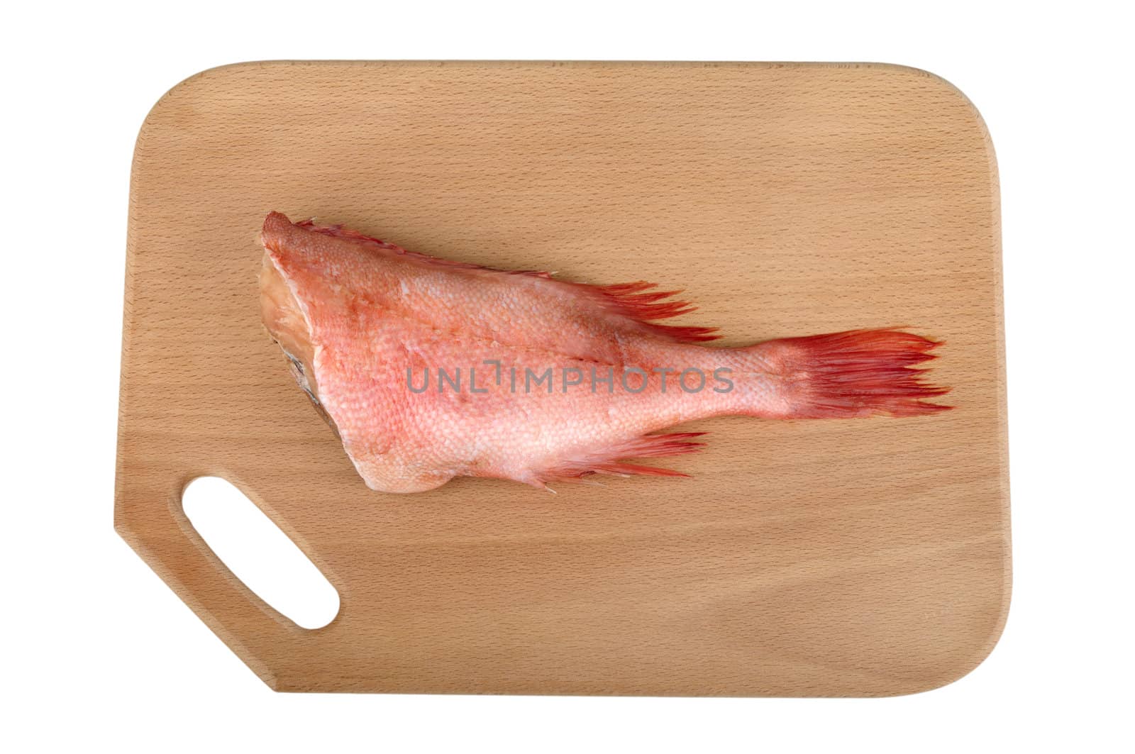 grouper on a wooden cutting board isolated on white background