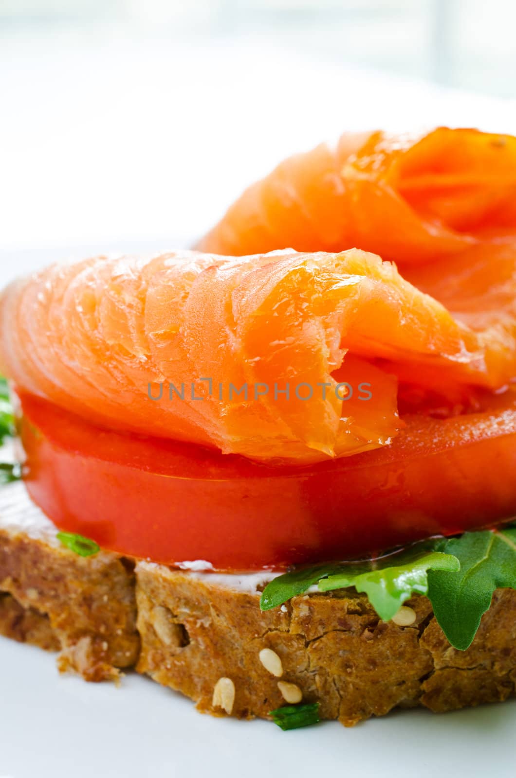 Smoked salmon sandwich with tomato and rye bread by Nanisimova