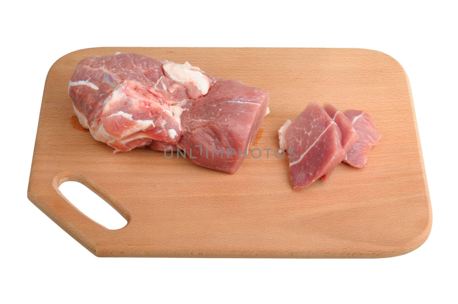 meat on a wooden board isolated on white background