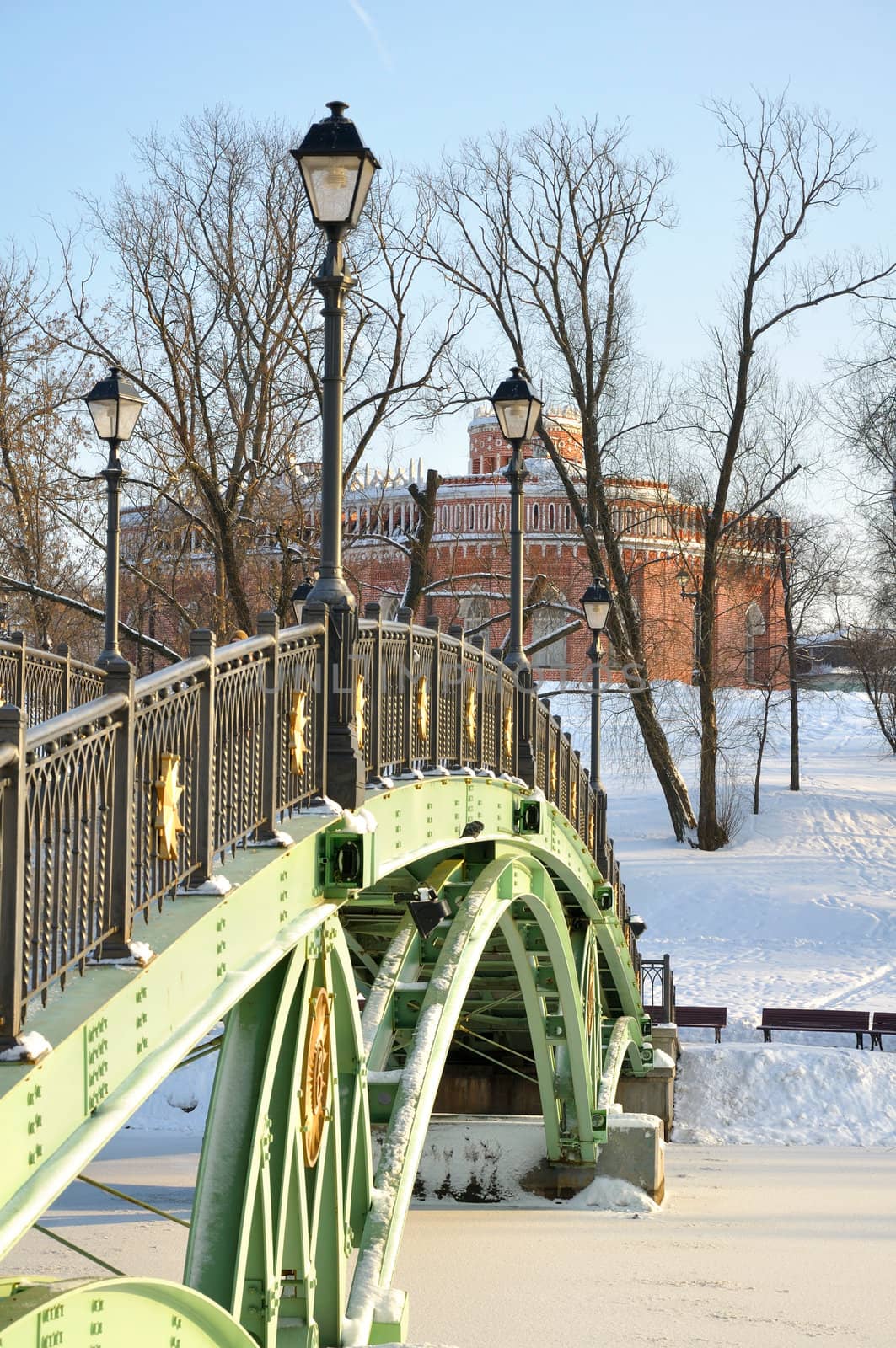 bridge across the frozen pond in winter park