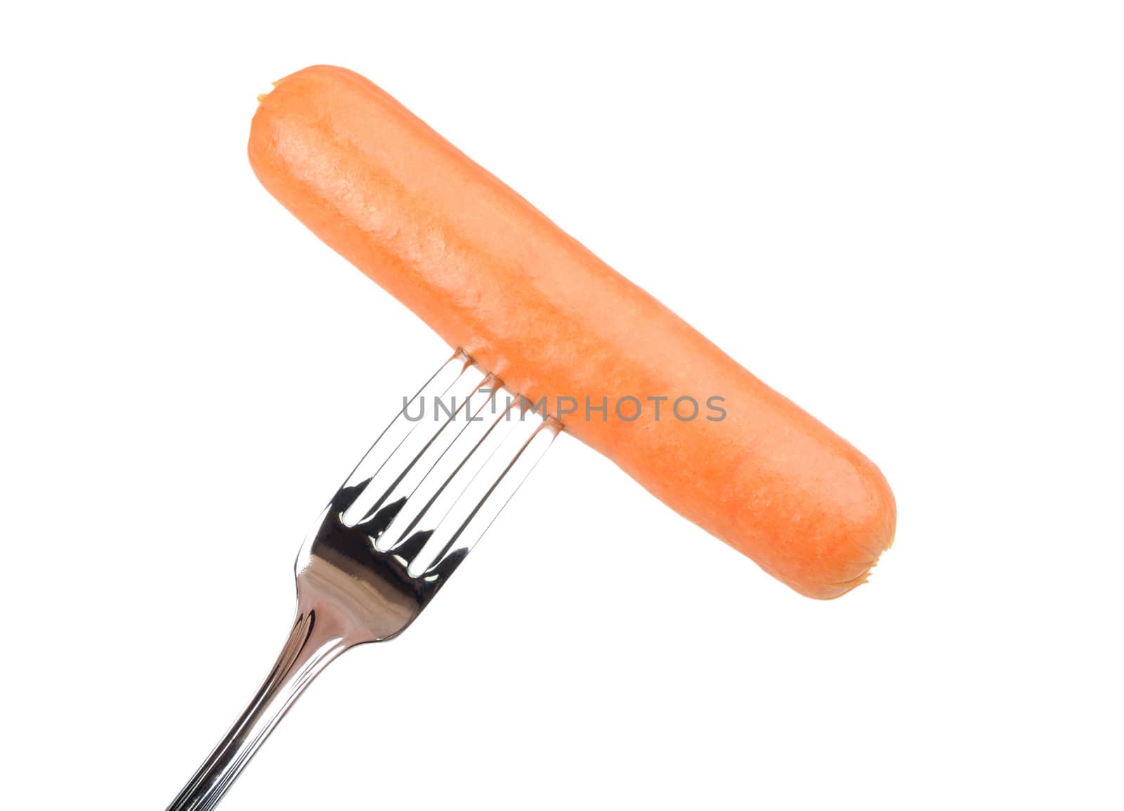 sausage on a fork isolated on white a background