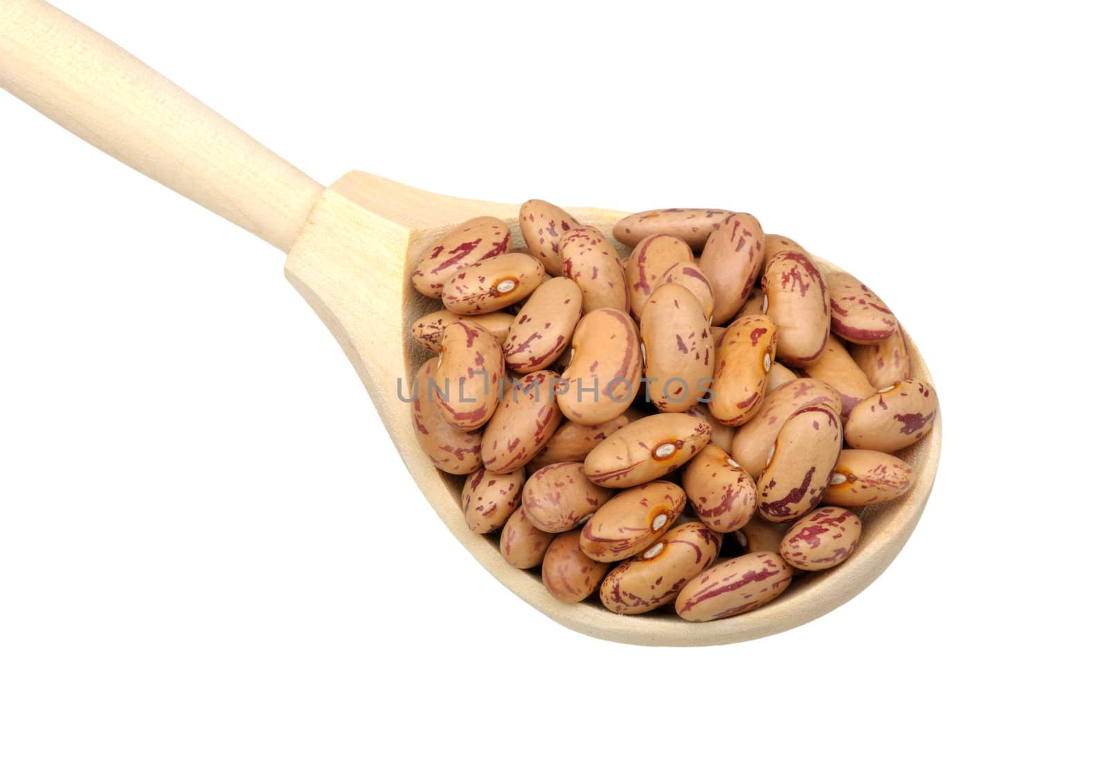 Pinto beans in wooden spoon isolated on white background