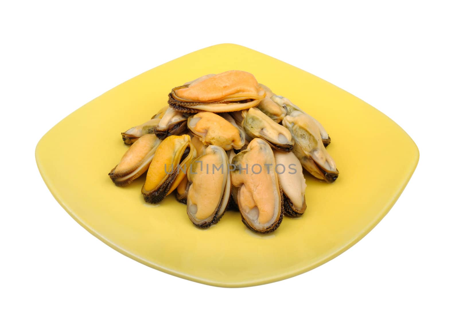 mussels on a plate isolated on white background