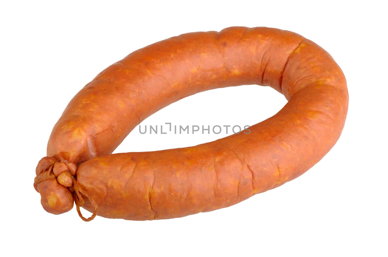 smoked sausage in natural casing isolated on white background
