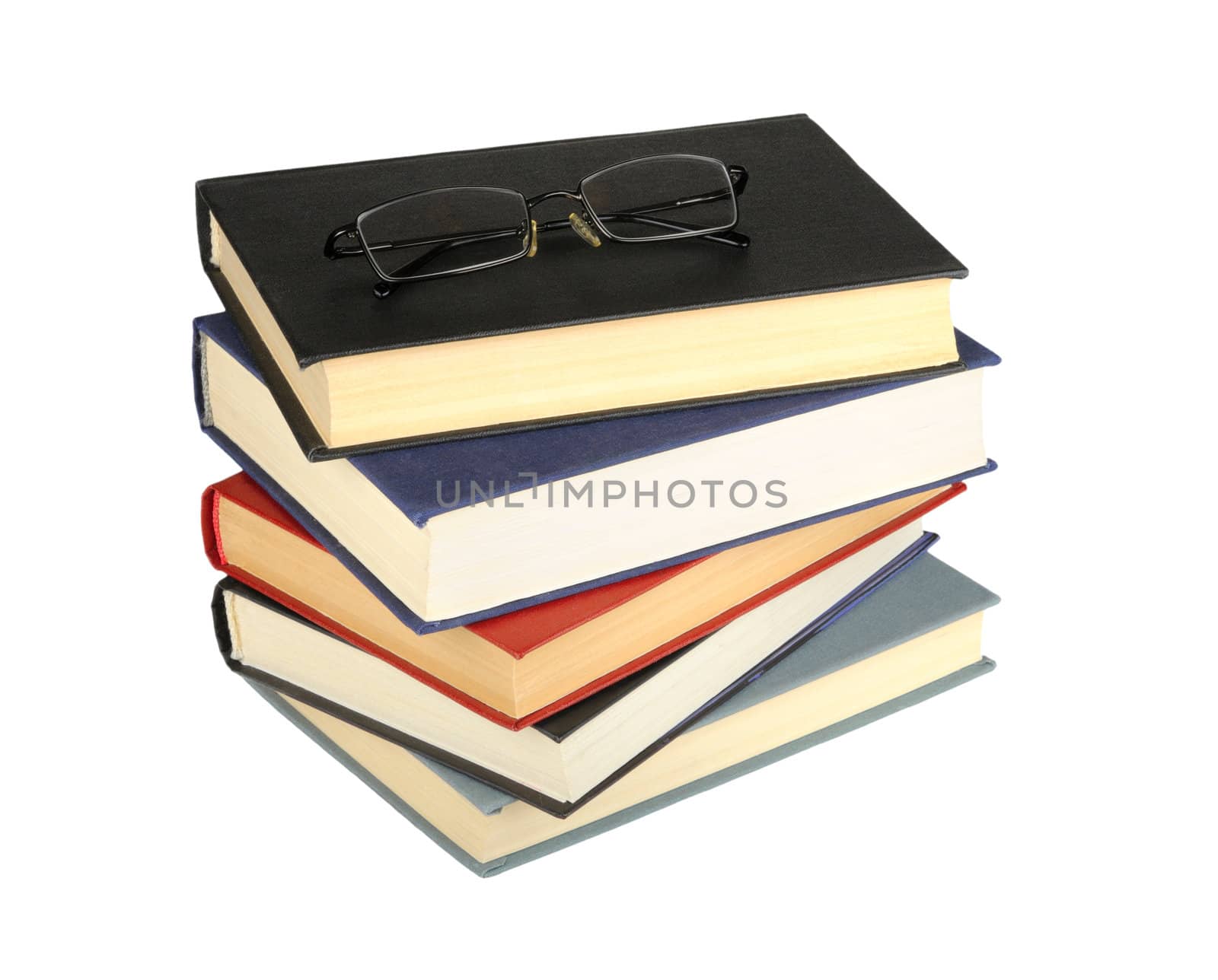 glasses and books isolated on white background