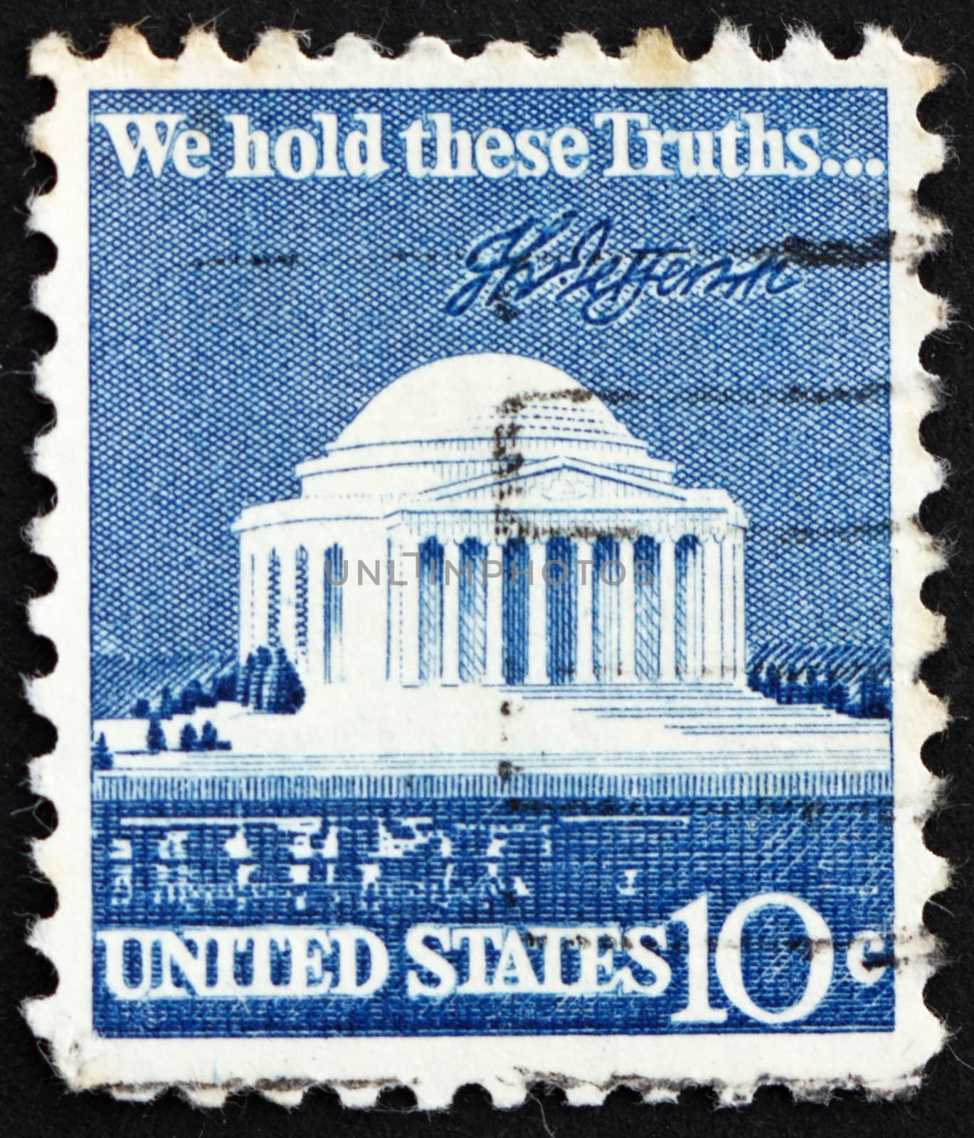 UNITED STATES OF AMERICA - CIRCA 1973: a stamp printed in the USA shows Jefferson Memorial and Signature, circa 1973
