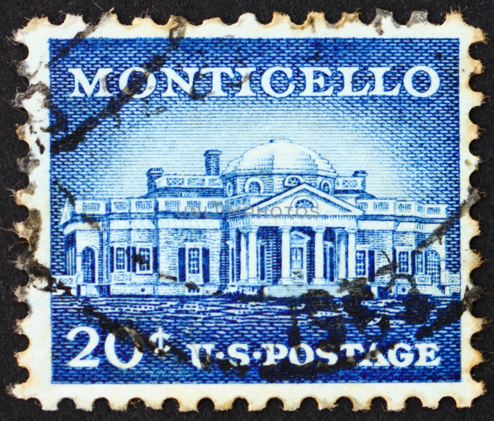 UNITED STATES OF AMERICA - CIRCA 1956: a stamp printed in the United States of America shows Monticello, estate of Thomas Jefferson, circa 1956