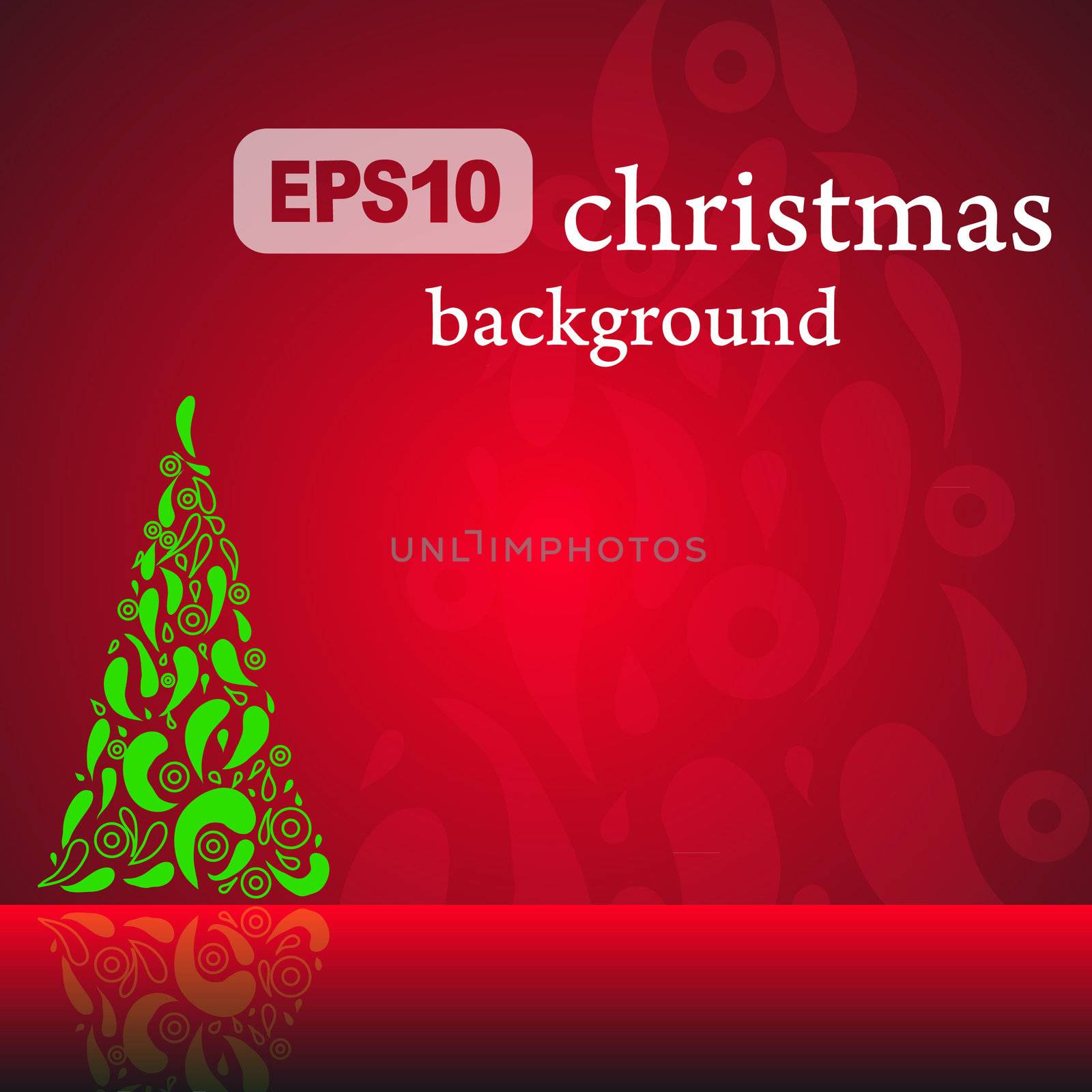 Red Christmas background with fancy tree. Vector.