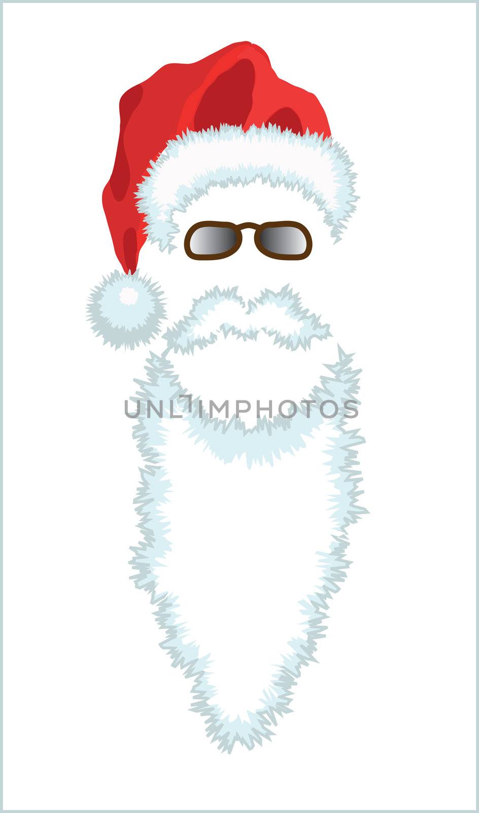 Red Santa Claus Hat, beard and glasses. Vector illustration isolated on green background.