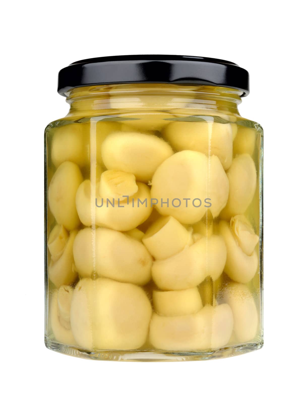 marinated mushrooms in the pot isolated on white background