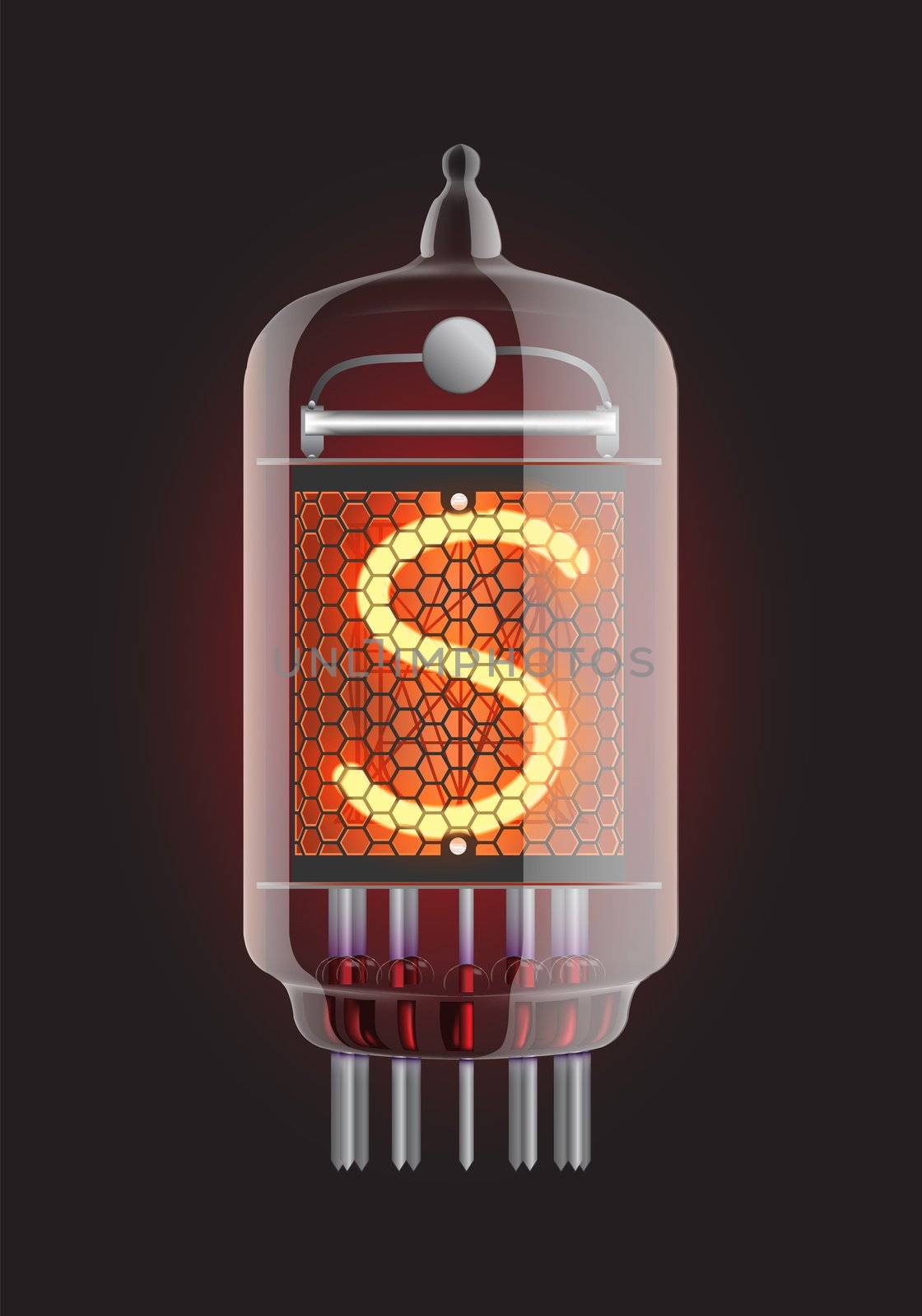 Nixie tube indicator. Letter "S" from retro, Transparency guaranteed. Vector illustration.