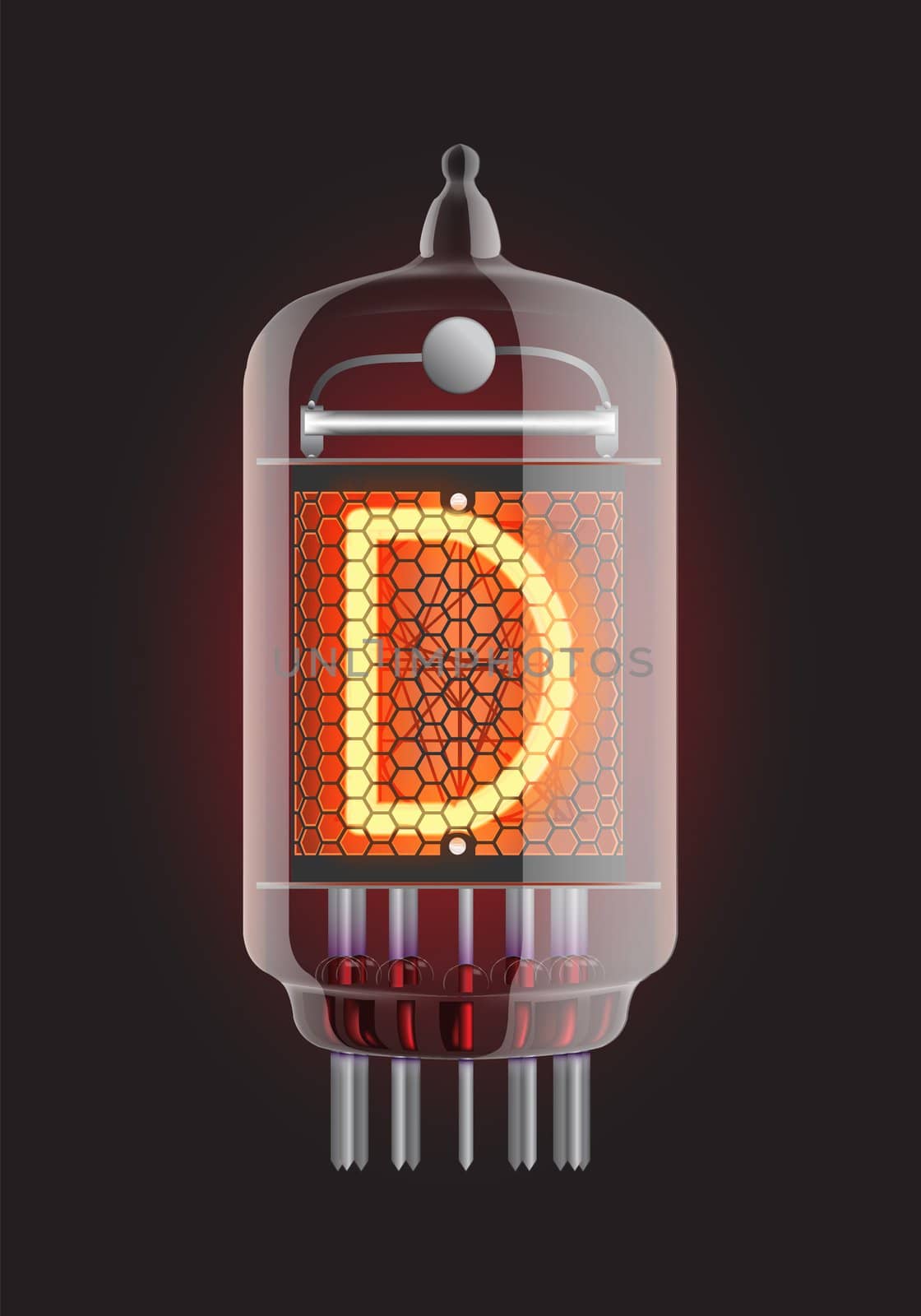 Nixie tube indicator. Letter "D" from retro, Transparency guaranteed. Vector illustration.