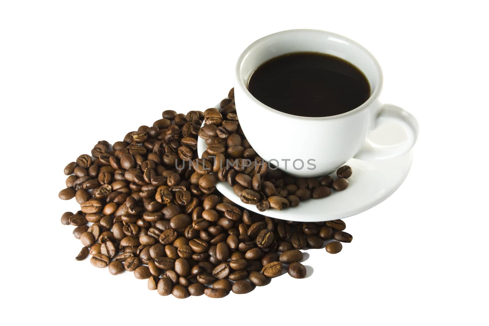 The cup of coffee and beans