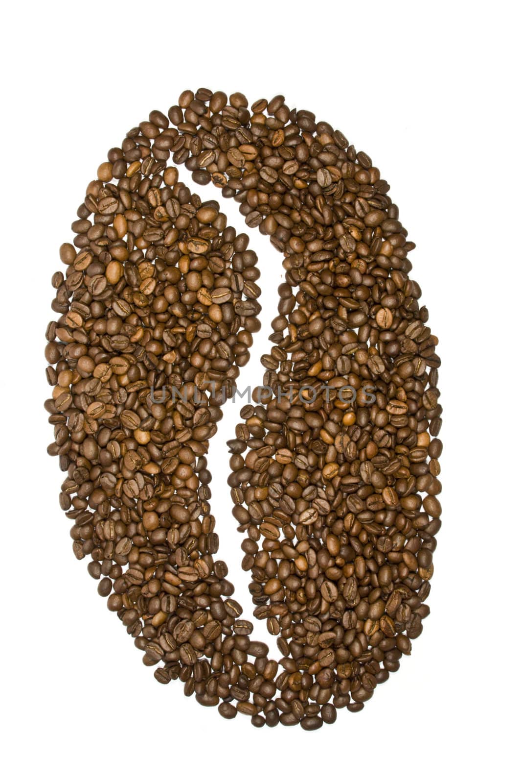 Coffee bean made of coffee beans on a white background