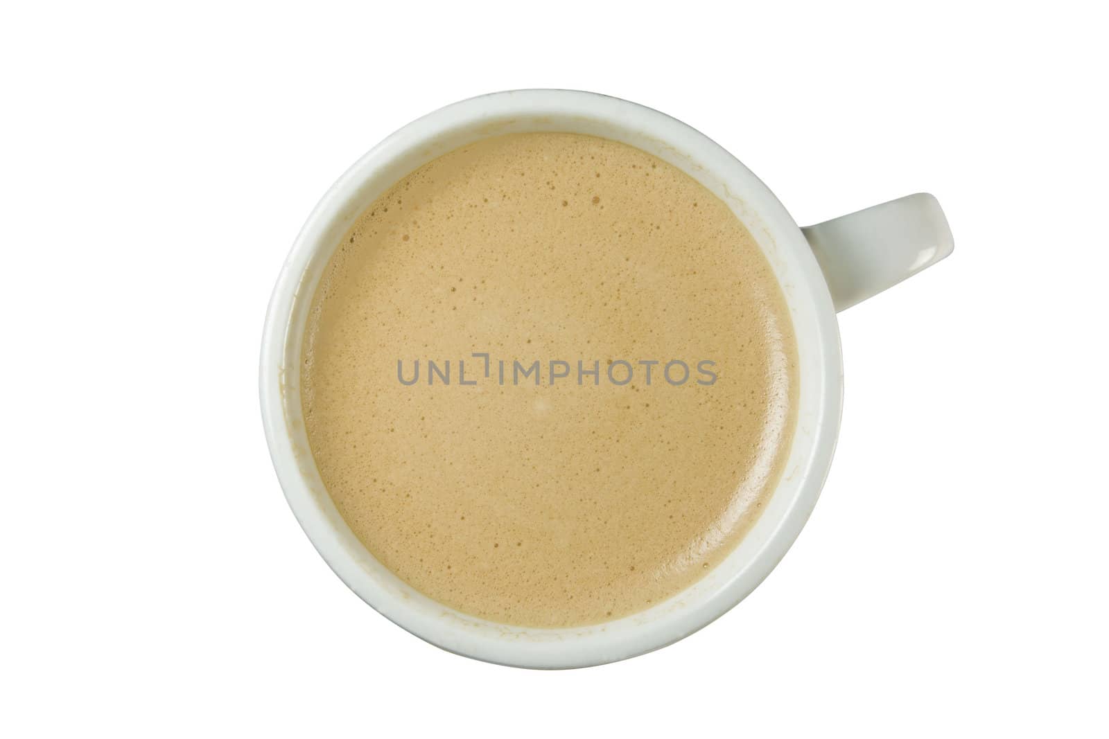 Classical cup of just brewed coffee. Fresh foam indicates that coffee was just brewed. Isolated on white.