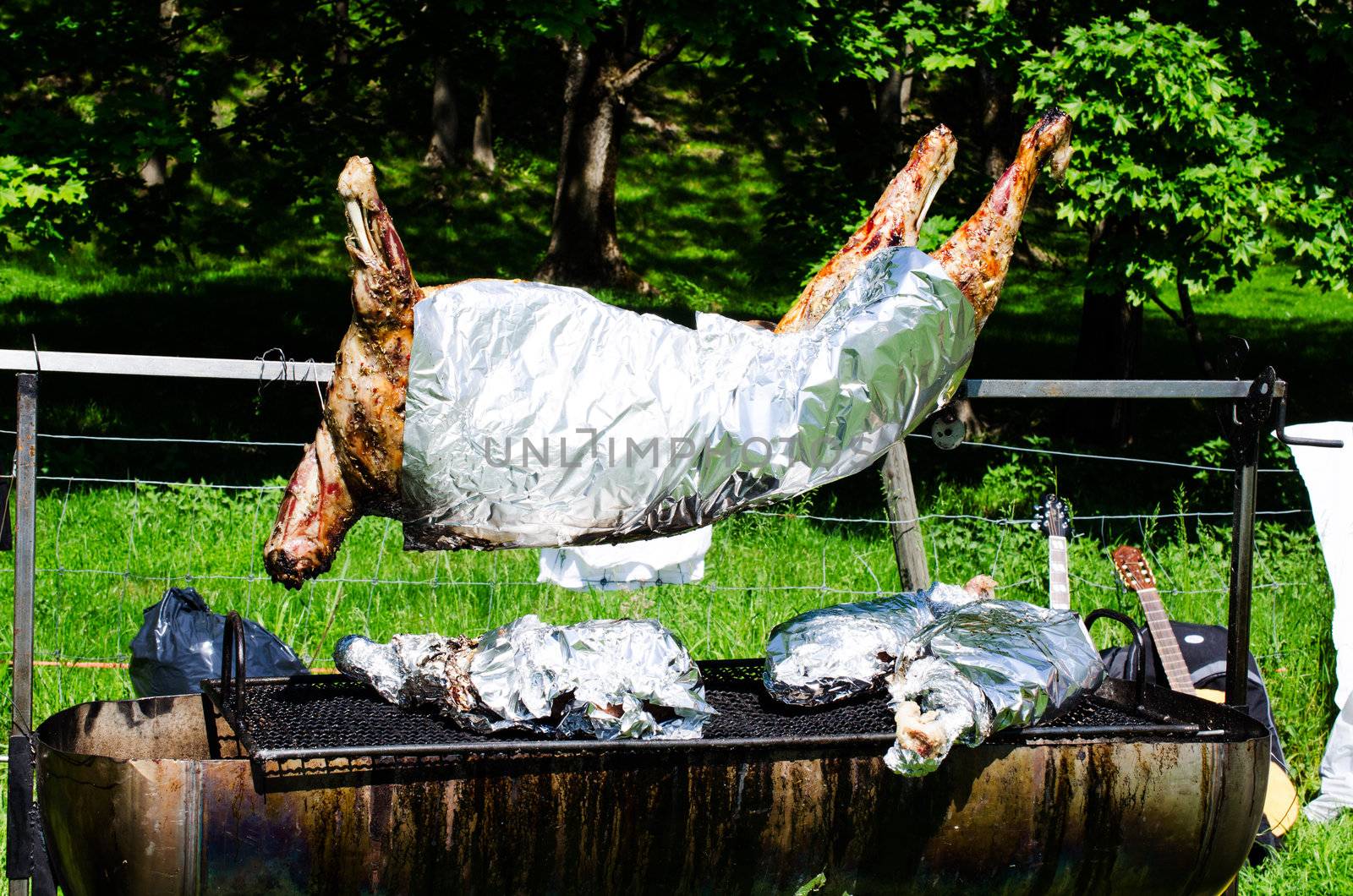 Whole roasted pig on a spit close up