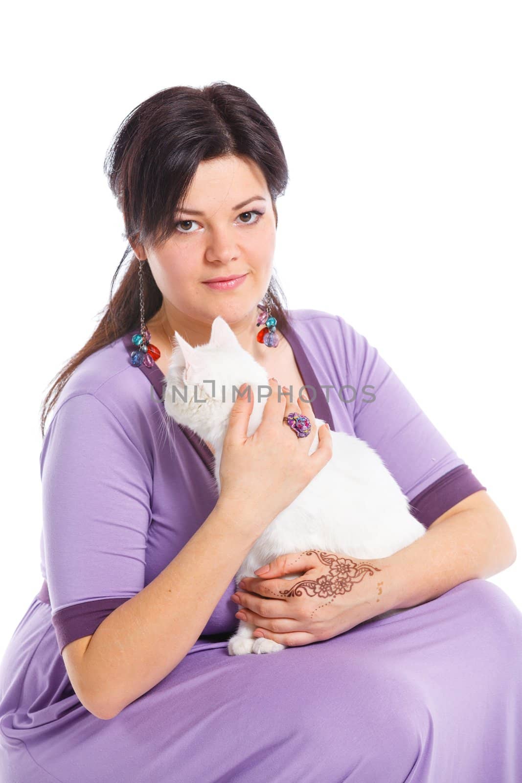 Young pretty woman hold her lovely white cat. Isolated on a white background