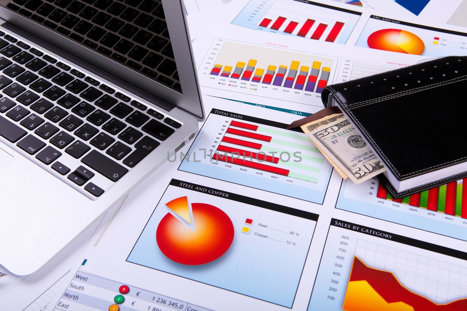 Financial paper charts and graphs on the table