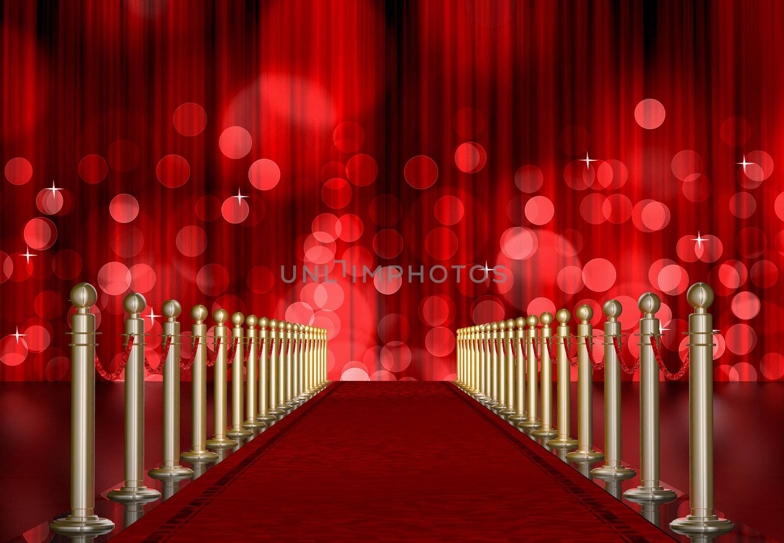 red carpet entrance with the stanchions and the ropes. red Light Burst over curtain