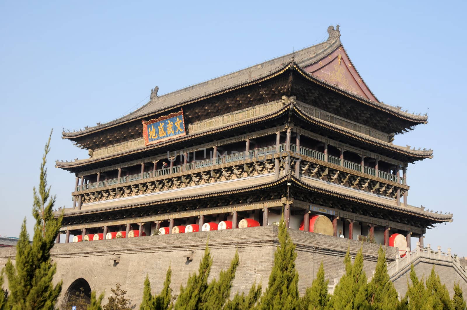 Landmark of the famous historic Drum Tower in Xian China