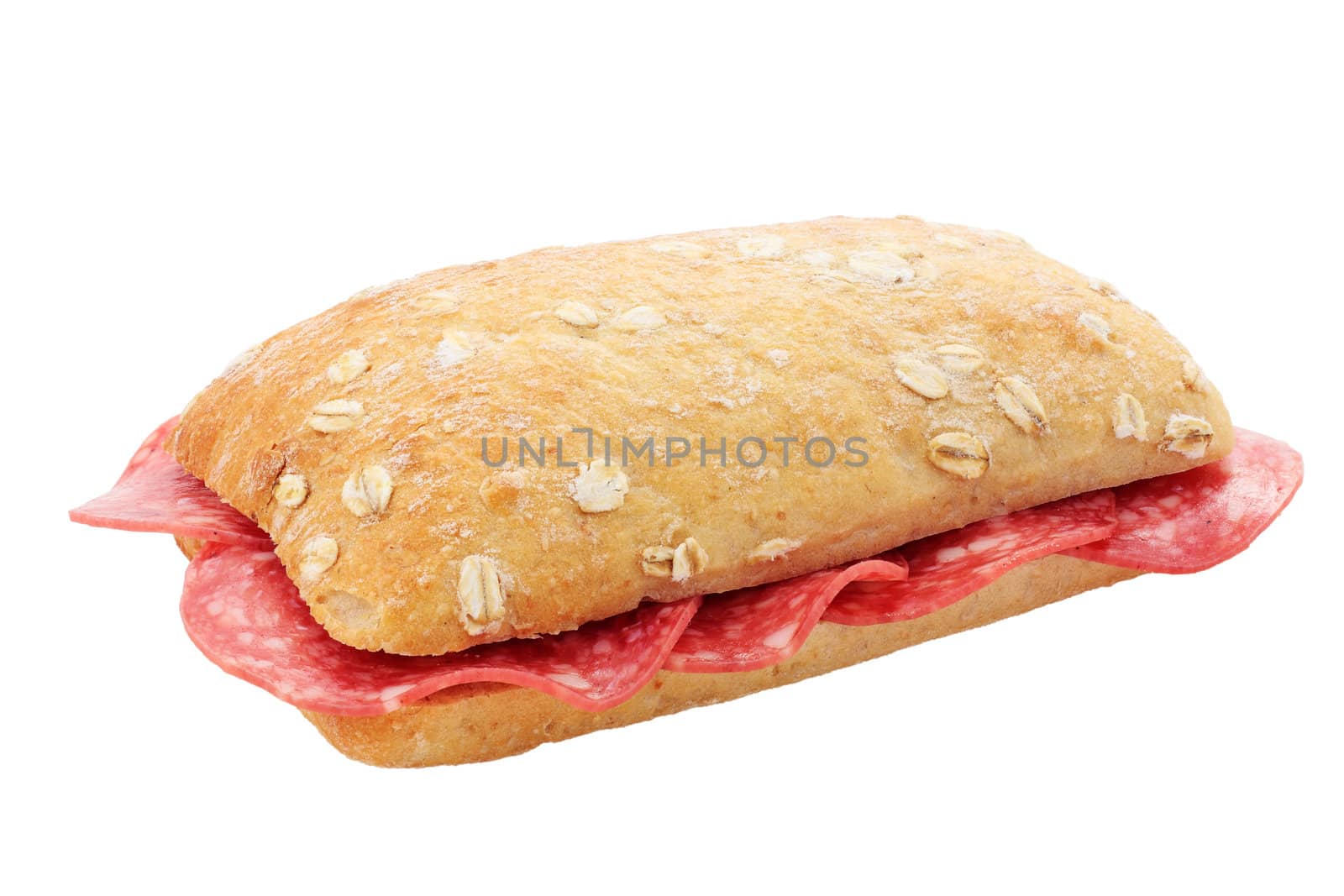  tasty snack of sausage or salami cut off and isolated