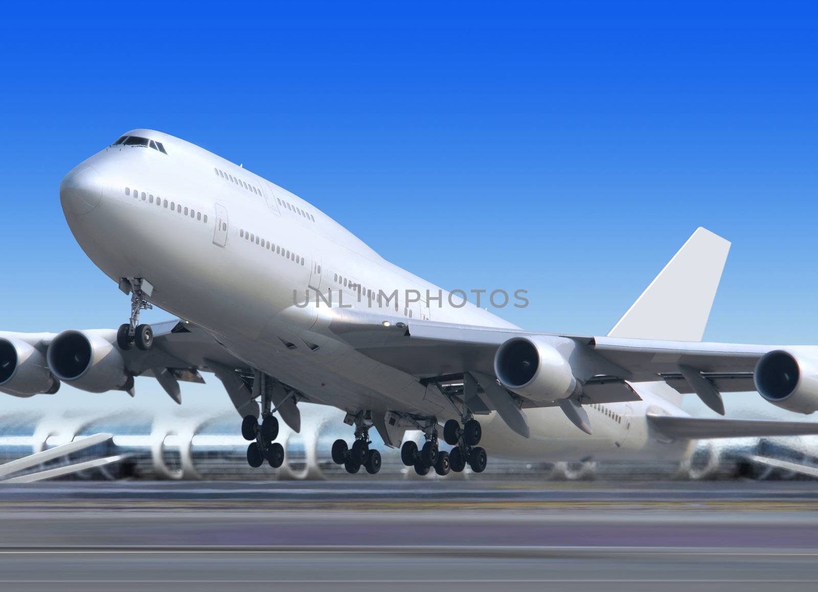 big flying up passenger airplane on airport background