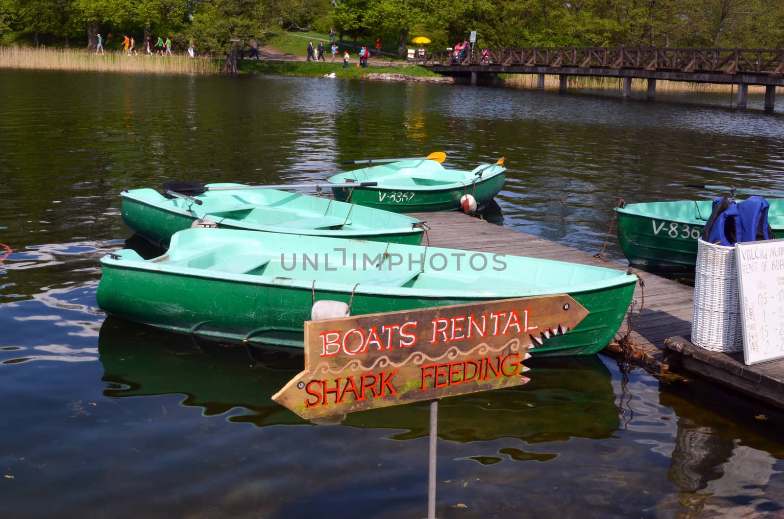 Boat rent near shore of Lake. Active outdoor recreation. Trakai, Lithuania.