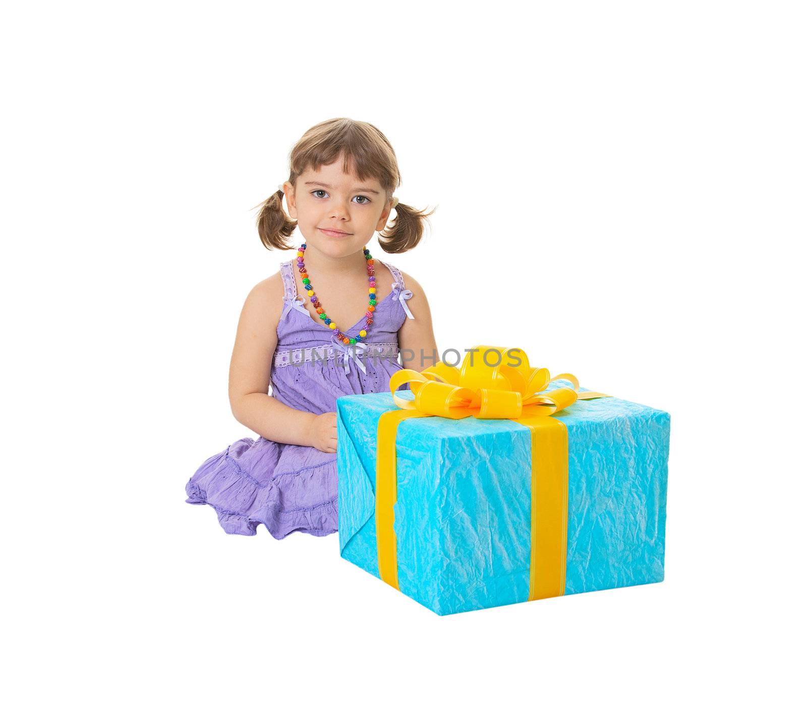 The child has received a big birthday gift isolated on white background