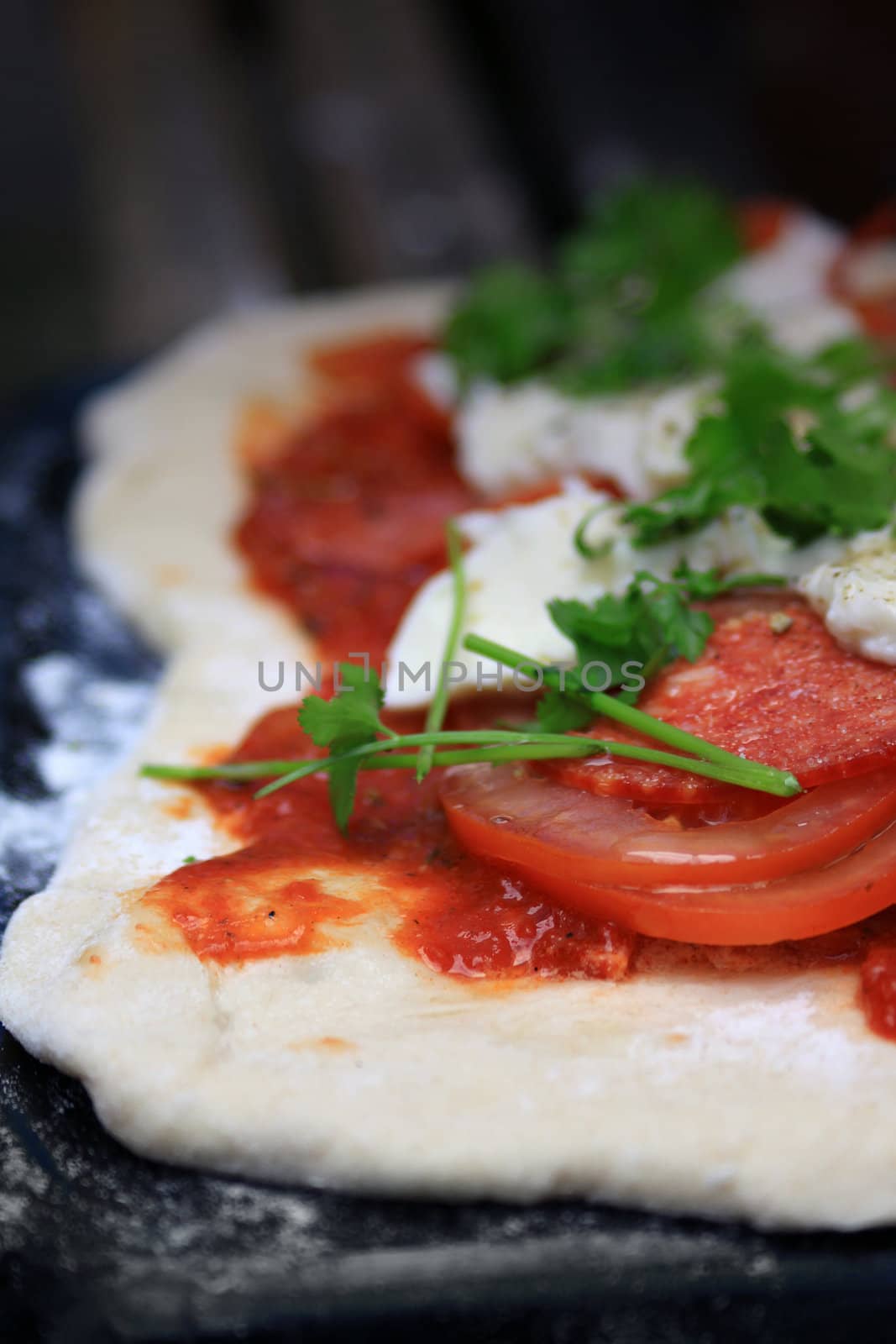 A homemade pepperoni sausage, mozzarella cheese, tomato, mushroom and onion pizza, with fresh coriander, set on a homemade pizza dough base with a homemade tomato sauce. Set on a flowered baking tray ready for the oven. Set on a portrait format with copy space available.