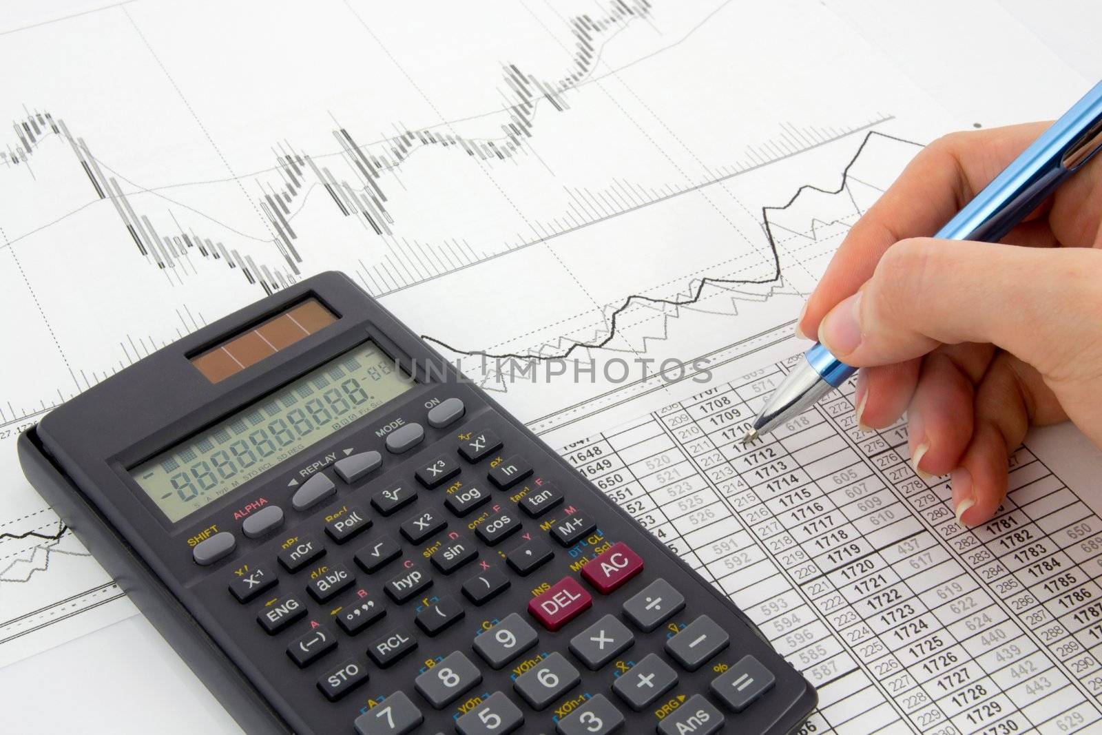 Calculator and pen on a business background