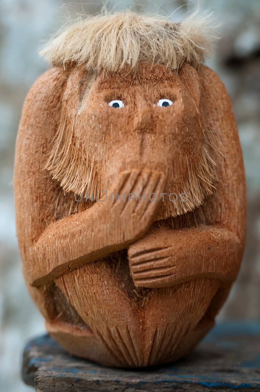 Handmade wooden coconut monkey with unspoken gesture. Selective focus on eyes.