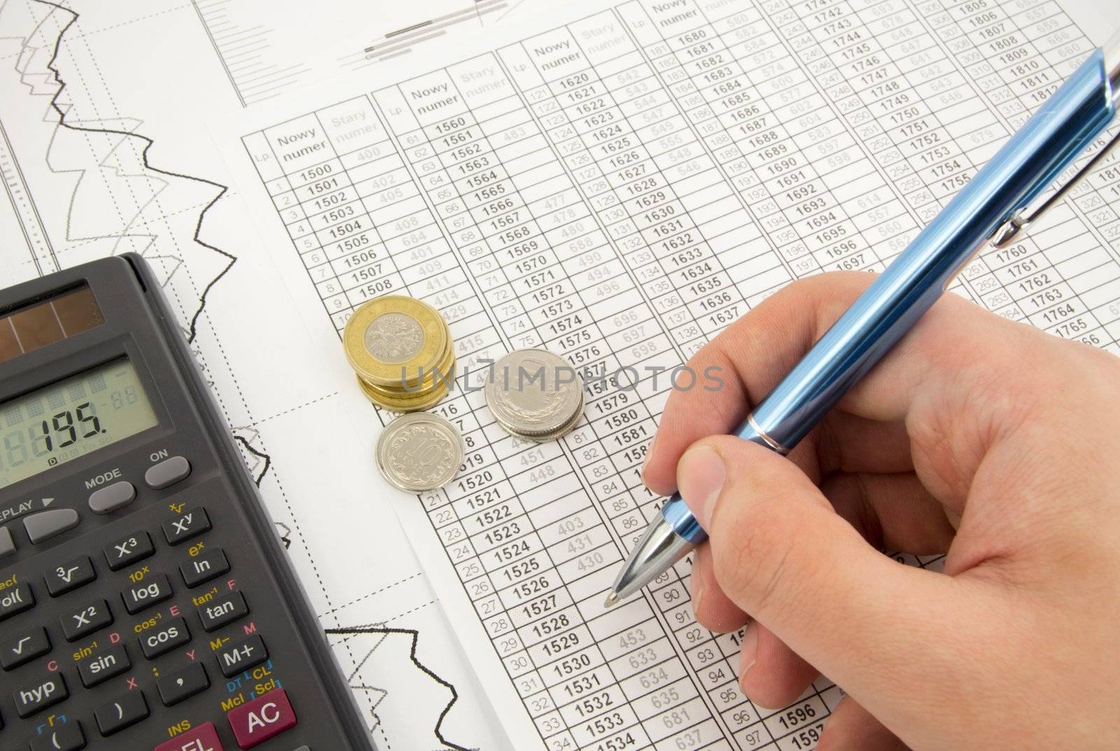 Calculator, coins, pen on a business background