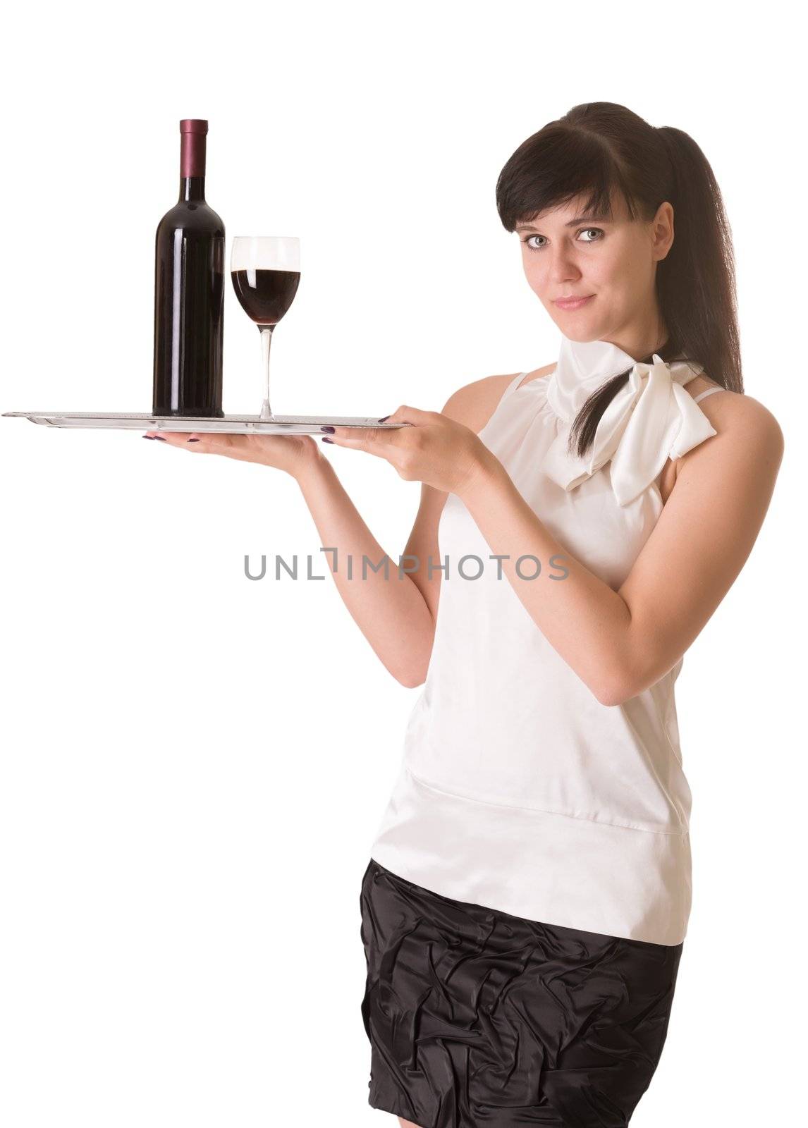 Waitress with bottle of wine and one glass on a tray, isolated on white background