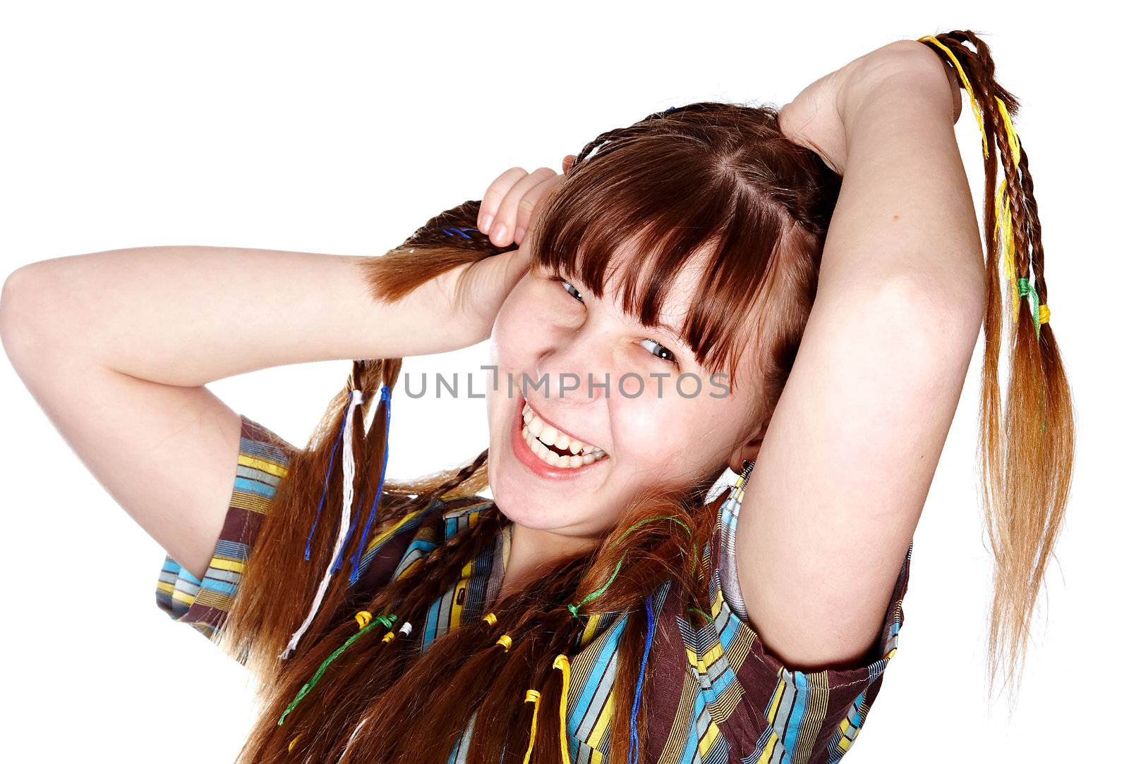 Cheerful the teenage girl on a white background