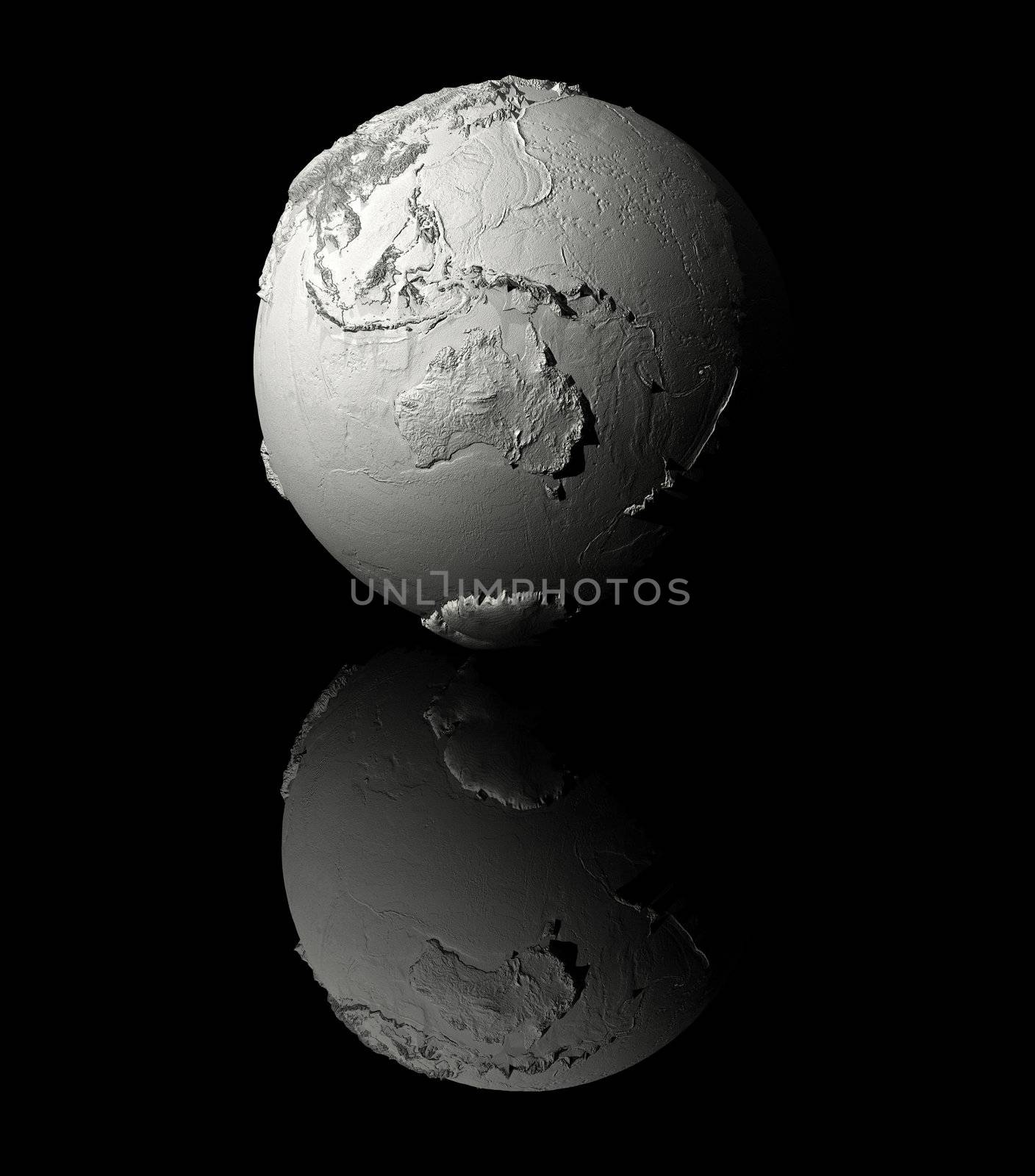 Realistic model of planet earth on black background, australia, 3d render