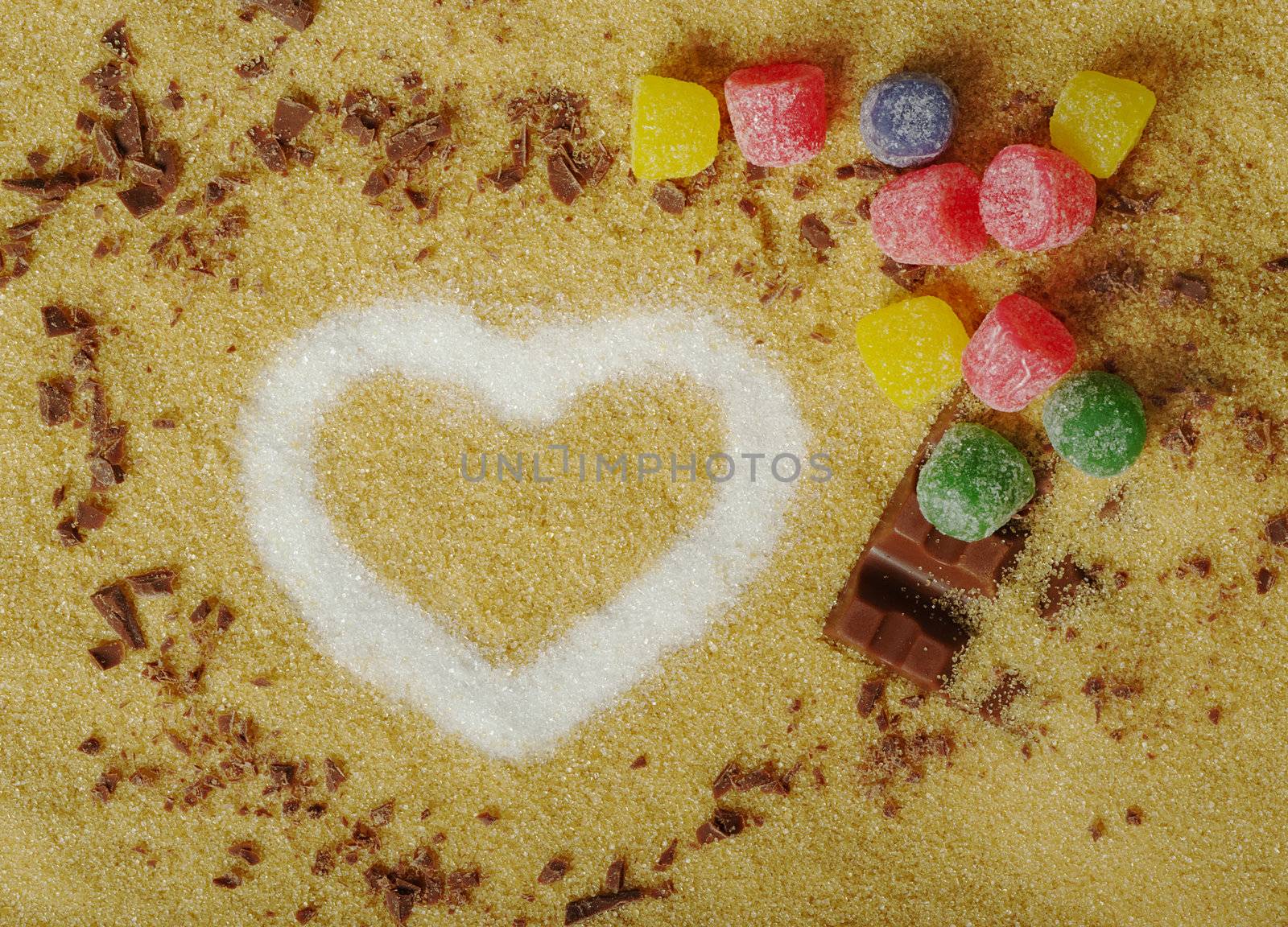 White Sugar in Heart Shape on Brown Sugar with Chocolate Bar