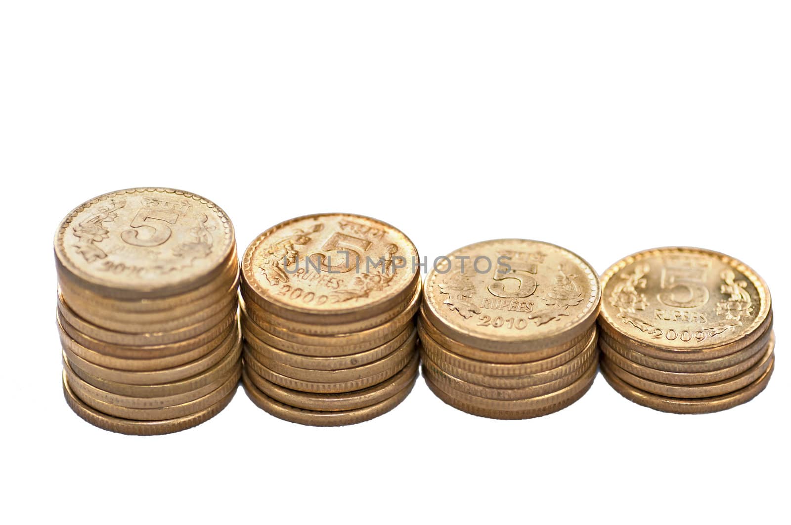 Closeup of Indian Coin stack, 5 rupees, isolated on white background, copy space,
