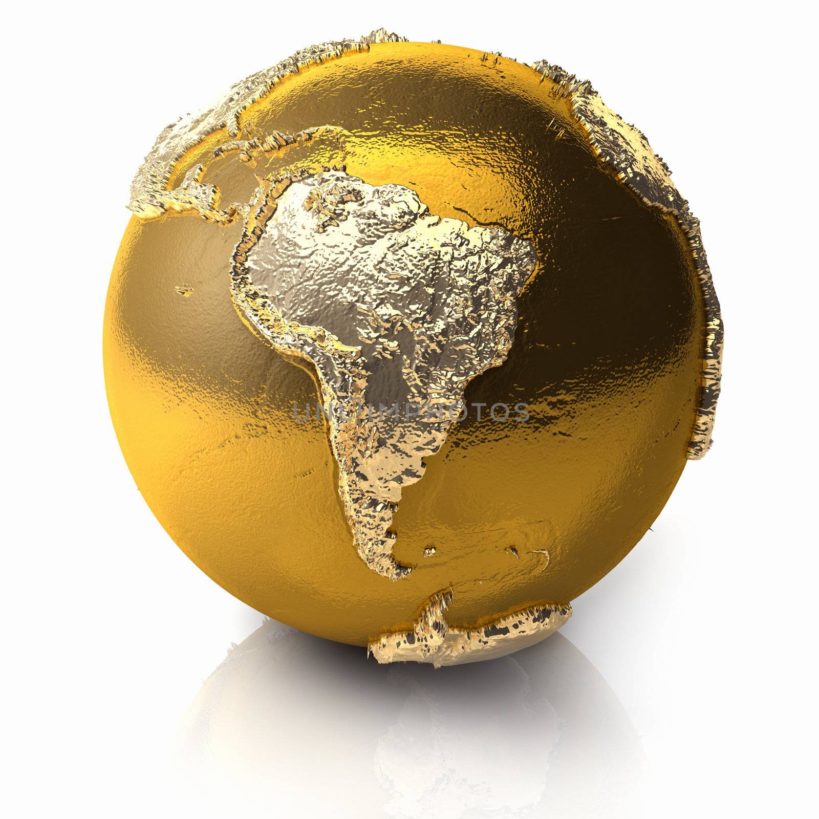 Gold globe with realistic topography and light reflections, metal earth - south america, 3d render