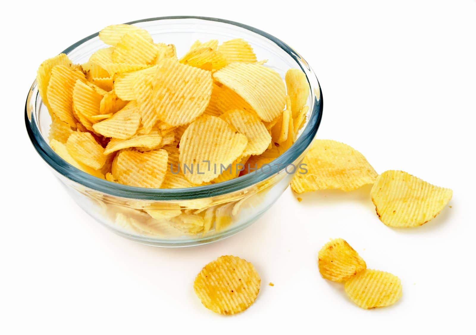 Potato chips in a glass bowl on white background